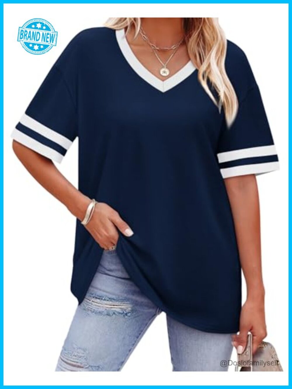 Womens V Neck Short Sleeve Loose Fit Tunic Tee Striped Cuff Casual Summer Top